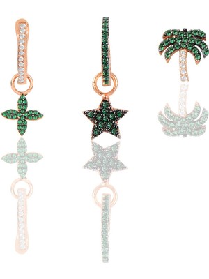 Söğütlü Silver Gümüş Rose Yeşil Taşlı Yıldız Yonca ve Palmiye Kombin Üçlü Küpe Seti