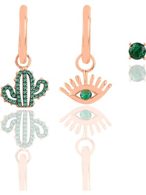 Söğütlü Silver Gümüş Rose Yeşil Taşlı Kaktüslü Kombin Üçlü Küpe Seti