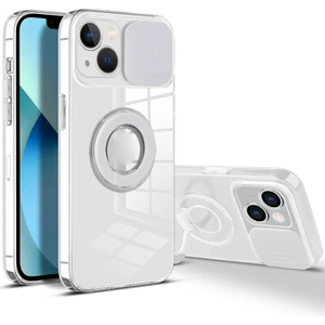 iPhone 13 Mini 5.4inç Kılıf Sürgülü Kamera Lens Korumalı Yüzük Standlı Silikon Kılıf ALL-35493