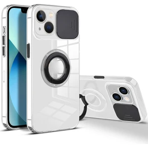 iPhone 13 Mini 5.4inç Kılıf Sürgülü Kamera Lens Korumalı Yüzük Standlı Silikon Kılıf ALL-35493