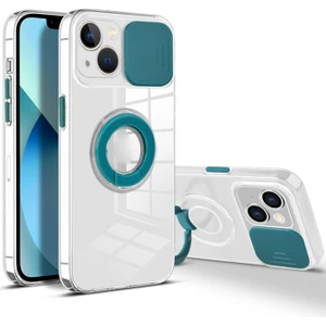iPhone 13 Mini 5.4inç Kılıf Sürgülü Kamera Lens Korumalı Yüzük Standlı Silikon Kılıf ALL-35493