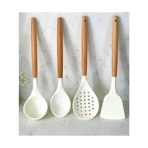 Silikon Bambu Saplı 4 Parça Mutfak Servis Seti (Kepçe-Kaşık-Kevgir-Spatula)