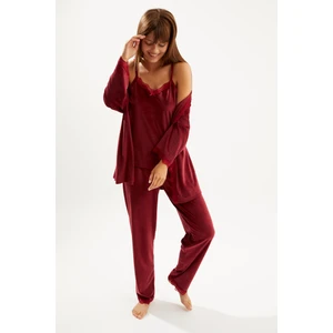 Kadın Bordo Soft Kadife Truvakar Kol Ip Askılı Pantolon 3 Lü Pijama Takım
