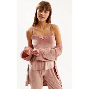 Kadın Pudra Soft Kadife Truvakar Kol İp Askılı Pantolon 3 Lü Pijama Takım