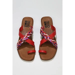 Bueno Shoes Kırmızı Multi Deri Kadın Düz Terlik