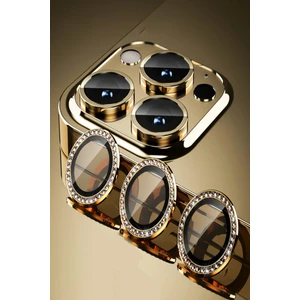 Caseart Apple iPhone 13 Pro Max Taşlı Tasarım Temperli Cam Kamera Lens Koruyucu - Gold