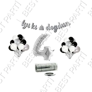 Rönesans Parti Rafya Ipli 4 Yaş Gümüş Folyo Balon Iyiki Doğdun Yazılı Banner Balon Set Doğum Günü
