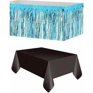 Rönesans Parti Mavi Metalize Masa Etegi + Plastik Siyah Masa Örtüsü