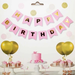 Rönesans Parti Pembe Üstüne Gold Altın Sarısı Yaldızlı Happy Birthday Yazılı Doğum Günü Partisi Karton Yazı Banner