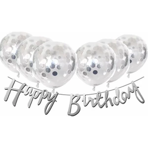 Rönesans Parti Gümüş Konfetili Şeffaf Balon Gümüş Happy Bırthday Kaligrafi Banner Yazı
