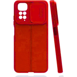 Xiaomi Redmi Note 11 Kılıf Kamera Sürgülü Deri Dokulu Mat Silikon Kırmızı