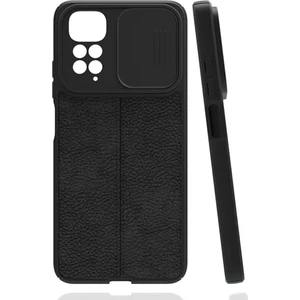 Xiaomi Redmi Note 11 Kılıf Kamera Sürgülü Deri Dokulu Mat Silikon+Nano Siyah