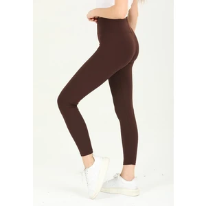 Yüksek Bel, Fitilli, Kahverengi Toparlayıcı Interlok Beli Lastikli Örme Tayt 03001