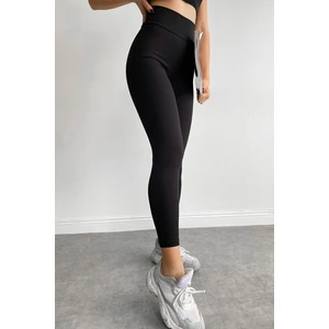 Yüksek Bel, Fitilli, Siyah Toparlayıcı Interlok Beli Lastikli Örme Tayt 03001