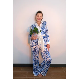 Mita Concept Mavi Desenli Ipeksi Saten Alt-Üst Takım