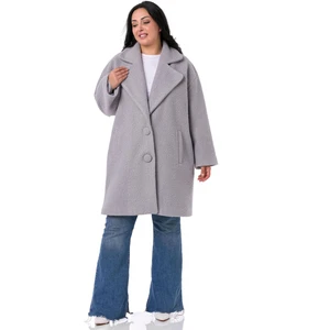 Disentis Modest Büyük Beden Mono Yaka Fleto Cepli Kaplamalı Düğmeli Astarlı Gri Buklet Kaban