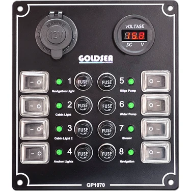 Goldsea Tekne Switch Panel 8 Anahtar Şarj & Voltmetre Soketli Sigorta Kontrol Paneli