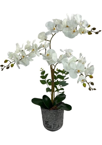 Yapay Çiçek 3lü Beyaz Orkide Seramik Saksıda Orkide 60CM