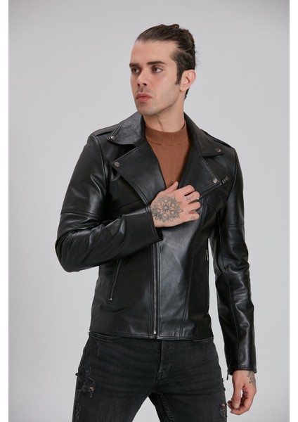 Erkek Siyah Hakiki Deri Biker Ceket