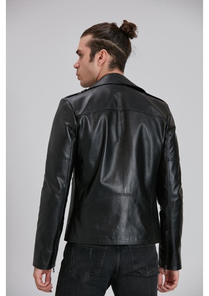 Erkek Siyah Hakiki Deri Biker Ceket
