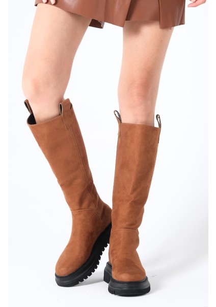 Taba Renk Süet Kürk Astarlı Arkadan Fermuarlı Kadın Postal Çizme