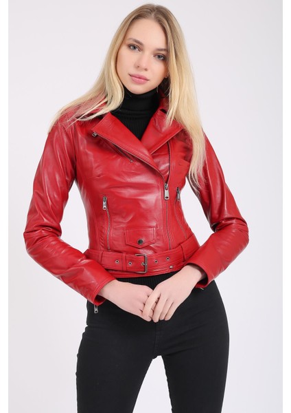 Kadın Kırmızı Kemerli Deri Biker Ceket