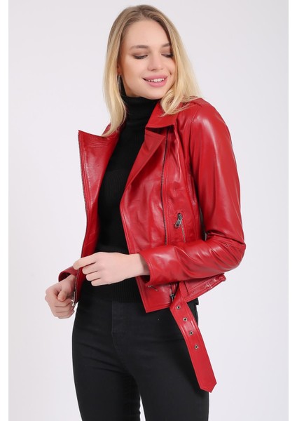 Kadın Kırmızı Kemerli Deri Biker Ceket