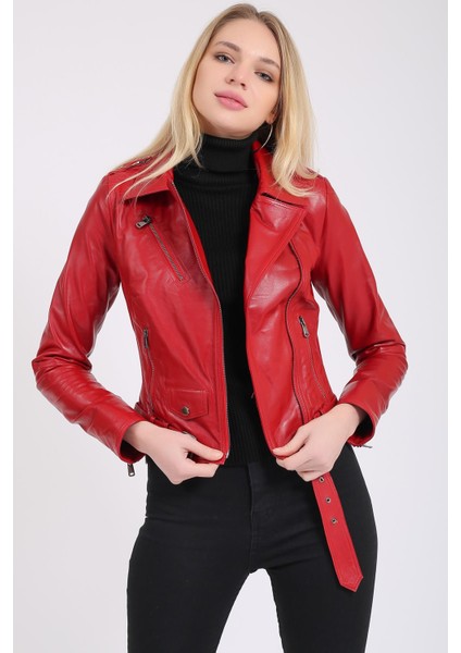 Kadın Kırmızı Kemerli Deri Biker Ceket