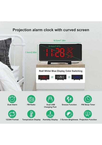 Çalar Saat, Projeksiyon Dijital Saat USB Şarj Bağlantı Noktası Ile, Başucu Saat Ayarlanabilir Parlaklık Ekran Projektör Ofisi | Alarm Saatleri (Yurt Dışından)