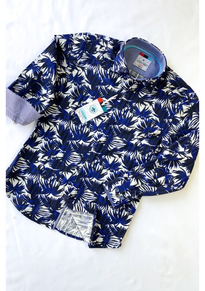 Büyük Çiçekli Saks Uzun Kol Çocuk Gömleği