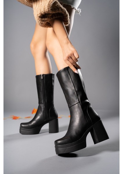 Siyah Cilt Kadın Yüksek Topuklu Çizme 0012690
