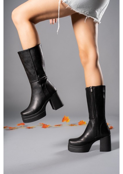 Siyah Cilt Kadın Yüksek Topuklu Çizme 0012690 fiyatları