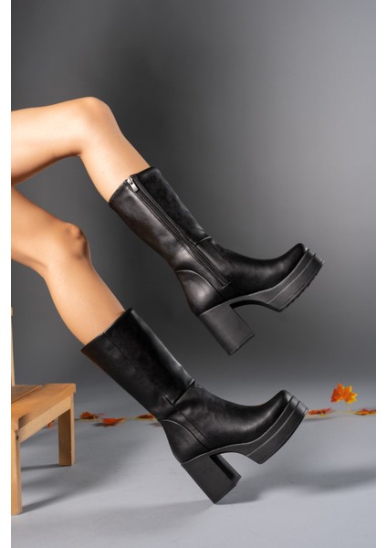 Siyah Cilt Kadın Yüksek Topuklu Çizme 0012690 fırsatları