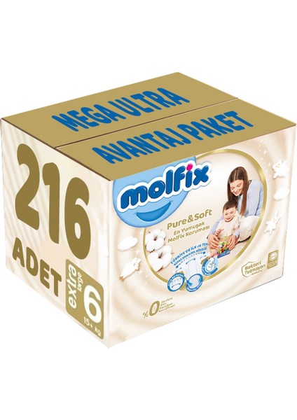 Pure&soft Bebek Bezi Beden:6 (15+ Kg) Extra Large 216 Adet Mega Ultra Avantaj Paket