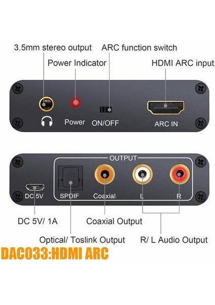 192KHZ Alüminyum Arc Ses Adaptörü Ses Extractor Dijital Analog Ses Dönüştürücü Dac Spdıf Koaksiyel Rca 3.5mm Jack Çıkışı |