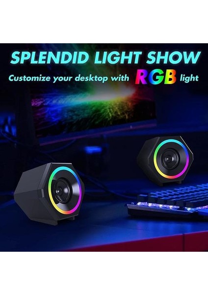 Pc Hoparlörler, USB Bilgisayar Hoparlörler 10 W Stereo Oyun Hoparlör Sistemi ile Renkli LED Aydınlatma Masaüstü Dizüstü (Siyah)