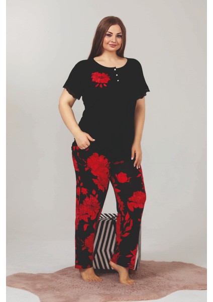 Siyah Renk Çiçek Desenli LADY-10868 Kadın Kısa Kol Büyük Beden Pijama Takımı
