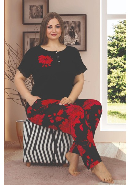 Siyah Renk Çiçek Desenli LADY-10868 Kadın Kısa Kol Büyük Beden Pijama Takımı fiyatları