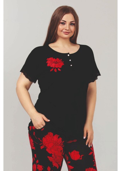 Siyah Renk Çiçek Desenli LADY-10868 Kadın Kısa Kol Büyük Beden Pijama Takımı modelleri