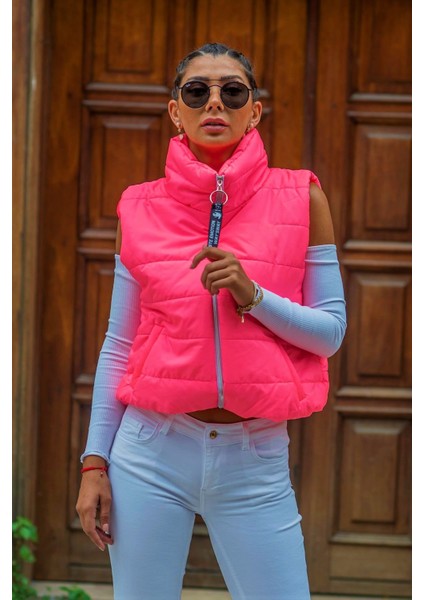 Kadın Pembe Dik Yaka Beli Lastikli Cepli Kısa Şişme Yelek fiyatları