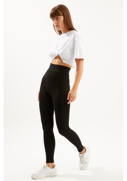 Kadın Siyah Çelik Örme Korseli Yüksek Bel Toparlayıcı Tayt