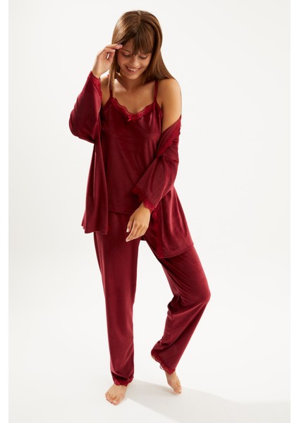 Kadın Bordo Soft Kadife Truvakar Kol Ip Askılı Pantolon 3 Lü Pijama Takım