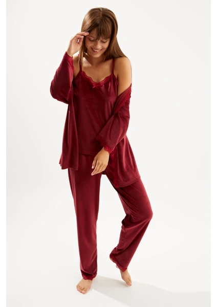 Kadın Bordo Soft Kadife Truvakar Kol Ip Askılı Pantolon 3 Lü Pijama Takım