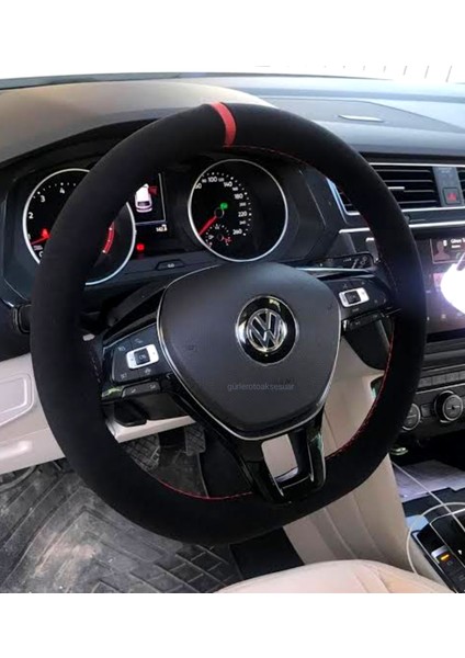 Vw Passat cc Dikmeli Direksiyon Kılıfı Alkantra Kırmızı Yüzüklü