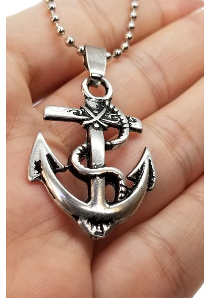 Çapa Erkek Kolye Denizci Kolyesi Gümüş Renk Top Zincirli