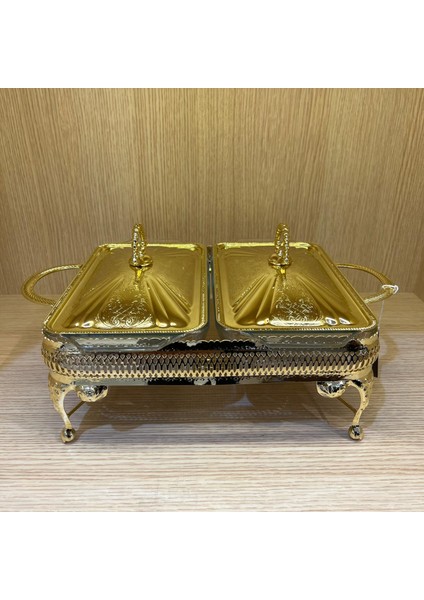 Altın Kaplama Iki Bölmeli Isıtmalı Yemek Servislik 55 x 42 x 32.5 cm