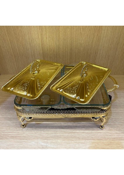 Altın Kaplama Iki Bölmeli Isıtmalı Yemek Servislik 55 x 42 x 32.5 cm