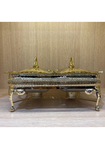 Altın Kaplama Iki Bölmeli Isıtmalı Yemek Servislik 55 x 42 x 32.5 cm
