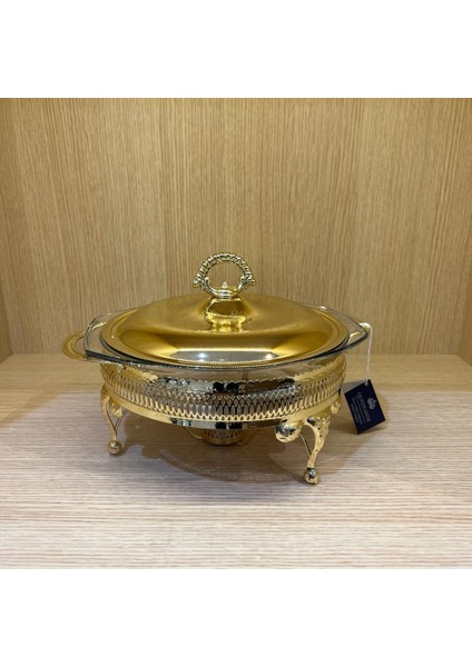 Altın Kaplama Isıtıcılı Yuvarlak Yemek Servis 29.5 x 23.5 x 19.5 cm