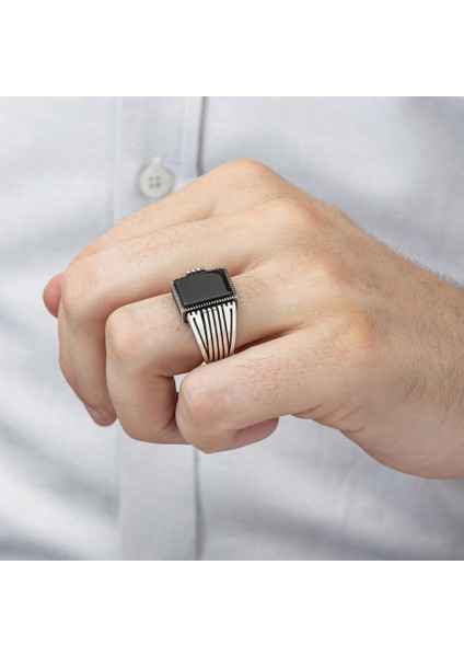 Kare Siyah Oniks Taşlı 925 Gümüş Erkek Yüzük fırsatları